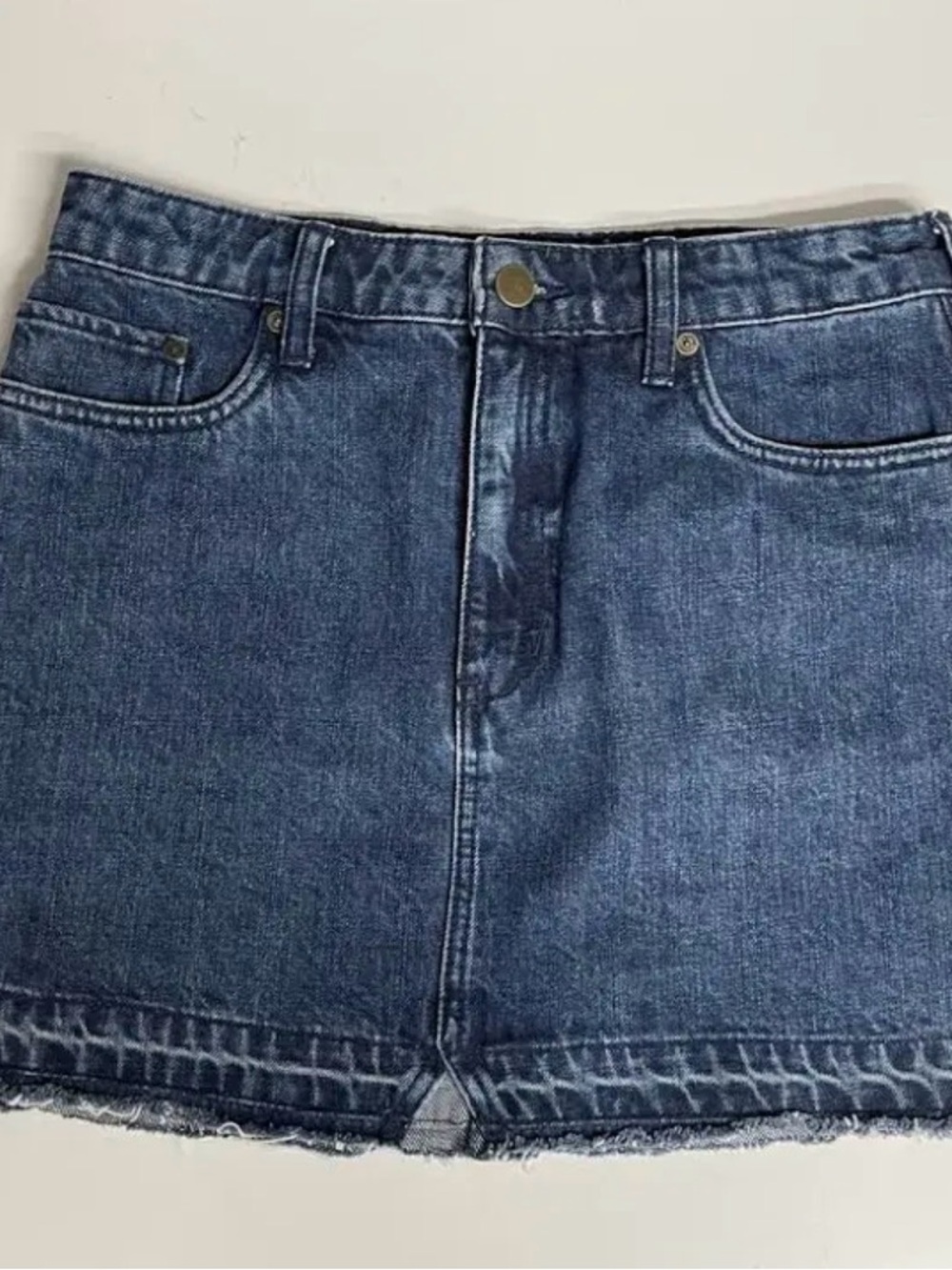 FREE PEOPLE Denim Mini Skirt in Washed Blue DISTRESSED HEM